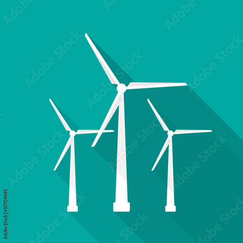 Wind turbine icon with long shadow. Flat design style. Windmill simple silhouette. Modern, minimalist icon in stylish colors. Web site page and mobile app design vector element.