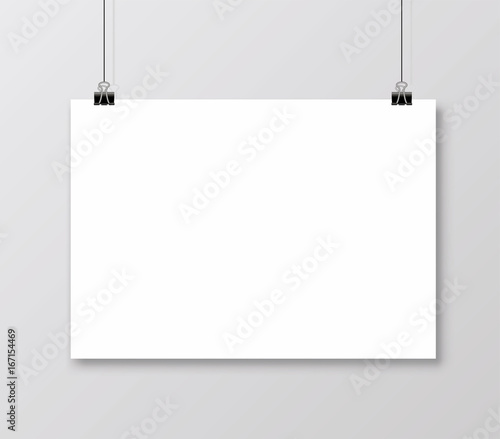 Empty A4 sized vector paper frame mockup hanging with paper clip. Grunge frame for text on a sheet - stock vector.
