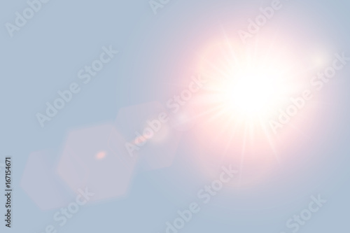 Abstract golden front sun lens flare translucent special light effect design. Vector blur in motion glow glare. Blue sunrice sky background. Rainbow element. Horizontal star burst ray and spotlight