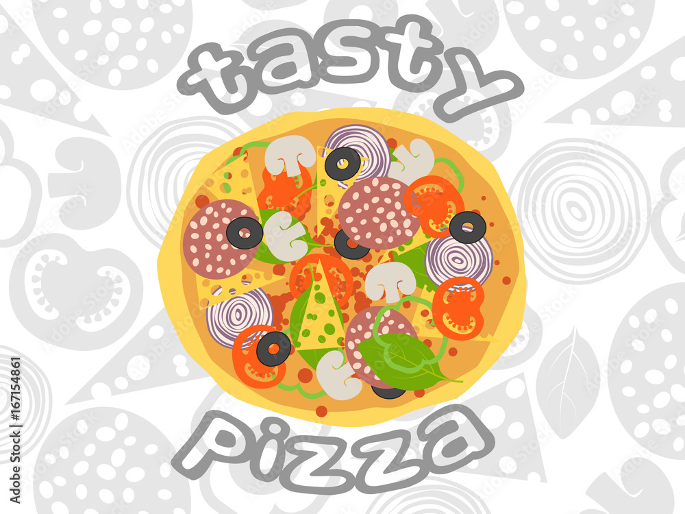 Pizza top view on white Ingredients background. Italian whole pizza with salami, cheese, mushroom, olive, basil, tomato, paprika. Cartoon cook poster Pizza top view on white Ingredients background. Italian whole pizza with salami, cheese, mushroom, olive, basil, tomato, paprika. Cartoon cook poster