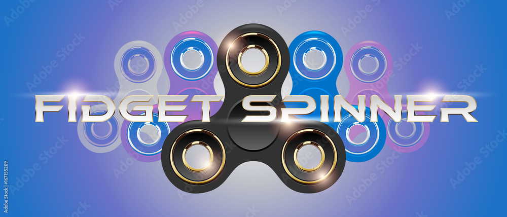 Black fidget finger spinner horizontal web banner with white text. Stress relief hand toy with light effect flare. Vector for label, advertisement, brochure. Retro style purple background