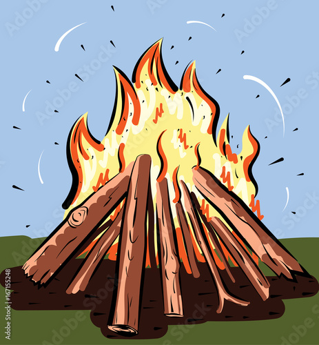 vector illustration of burning bonfire with wood