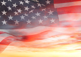 USA America flag in sunrise sky