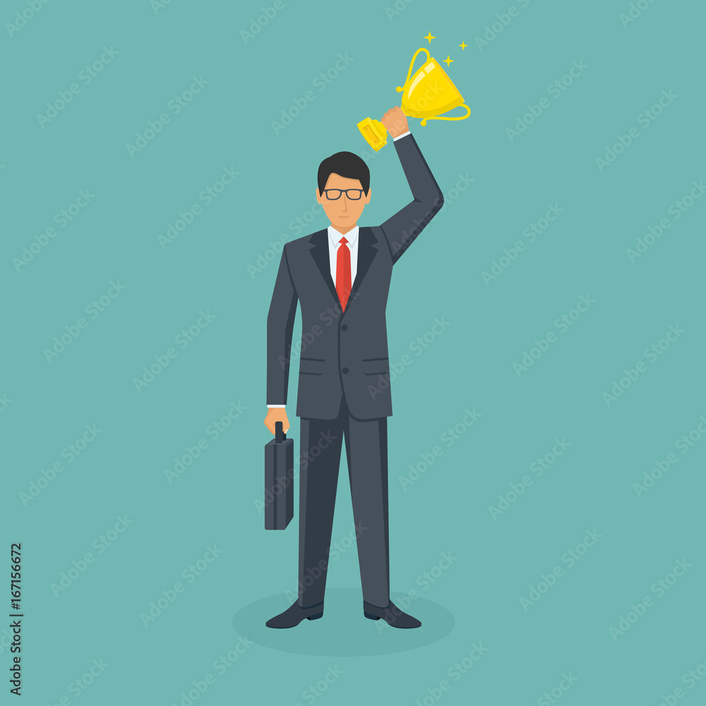 Winning cup in hand human. Businessman leadership suit with briefcase hold awards. Symbol of success, winning, championship. Entrepreneur achievement. Gold trophy. Vector illustration flat design.
