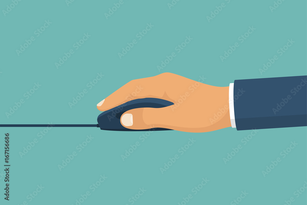 Mouse in hands. Press key, cursor. Pc device. Vector illustration flat design. Isolated on background.