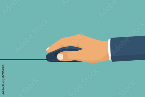 Mouse in hands. Press key, cursor. Pc device. Vector illustration flat design. Isolated on background.