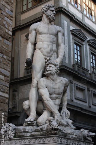 Details on Statue of Hercules and Caco of Baccio Bandinelli, Piazza della Signoria in Florence, Italy