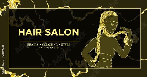 Hairdresser or hair salon banner, beauty studio poster, girl with braided hairstyle, african or boxer braids, trendy hairstyle design, template for  flyer, marble gold background