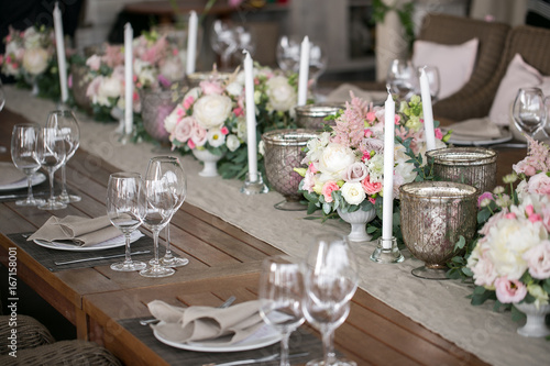 Luxury, elegant wedding reception table arrangement, floral centerpiece © malkovkosta