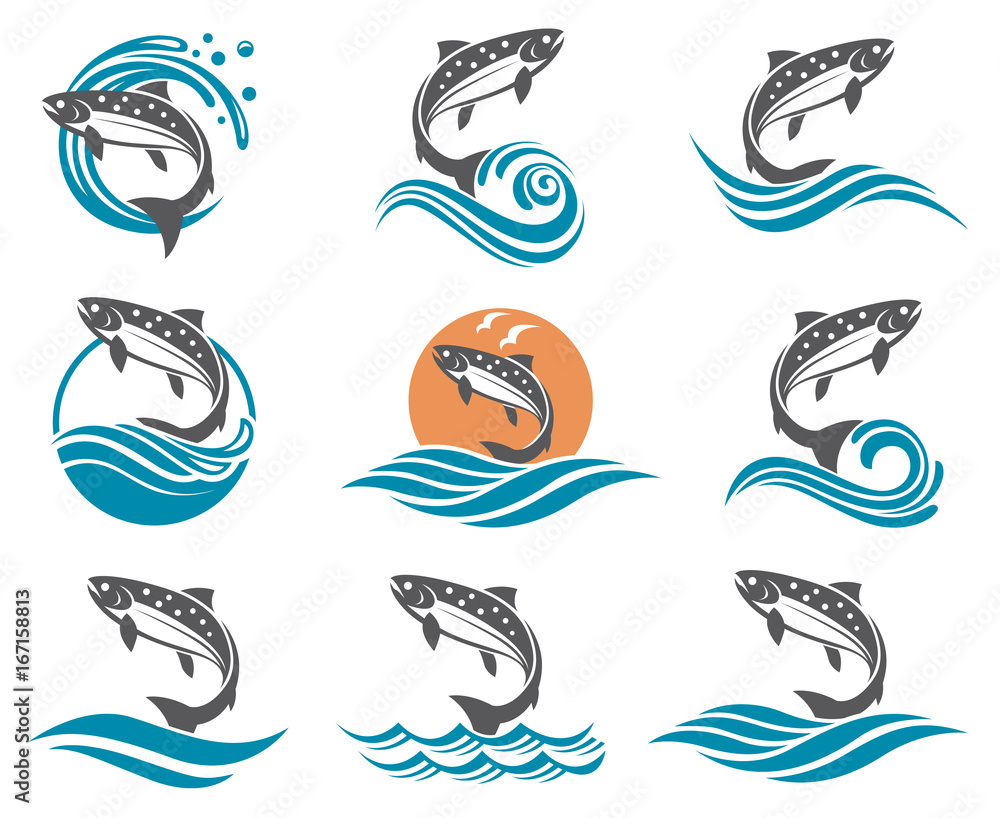Naklejka premium collection of salmon fish images with waves