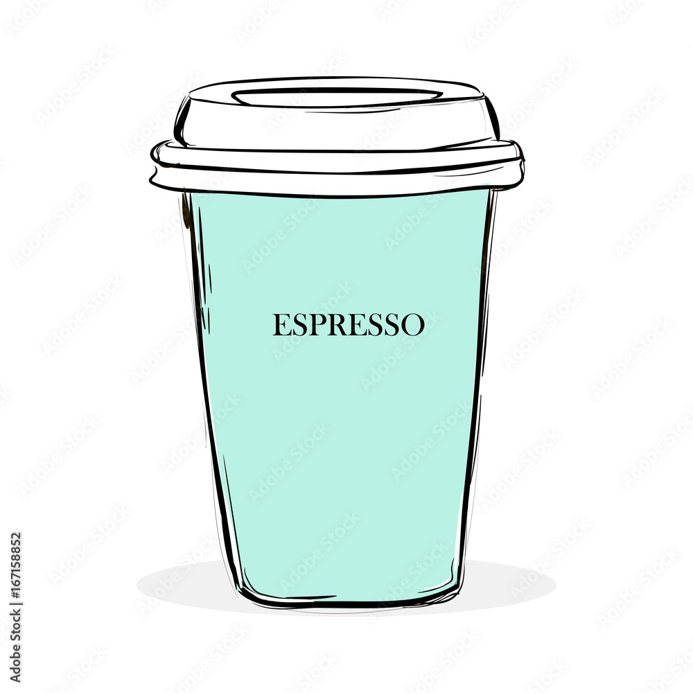 Illustration vector of a paper cup of espresso coffee Turquoise color with freehand write text espresso, morning coffee fashion vector design concept Illustration vector of a paper cup of espresso coffee Turquoise color with freehand write text espresso, morning coffee fashion vector design concept