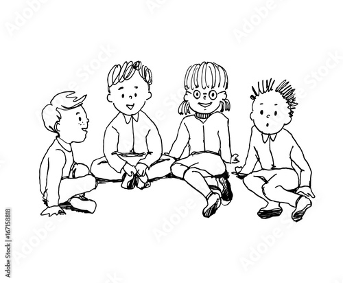 Stickman Illustration of a Group of Kids in the Park Sitting in a Circular Arrangement While Discussing a Topic
