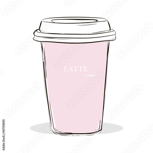 Fashion Hand drawn pink cup of coffee with lettering Latte. A dice-box with a latte on a white background