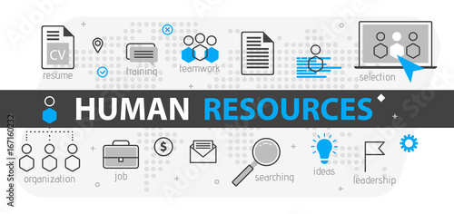 Human resources web banner concept. Outline line business icon set. HR Strategy team, teamwork and corporate organization vector illustration
