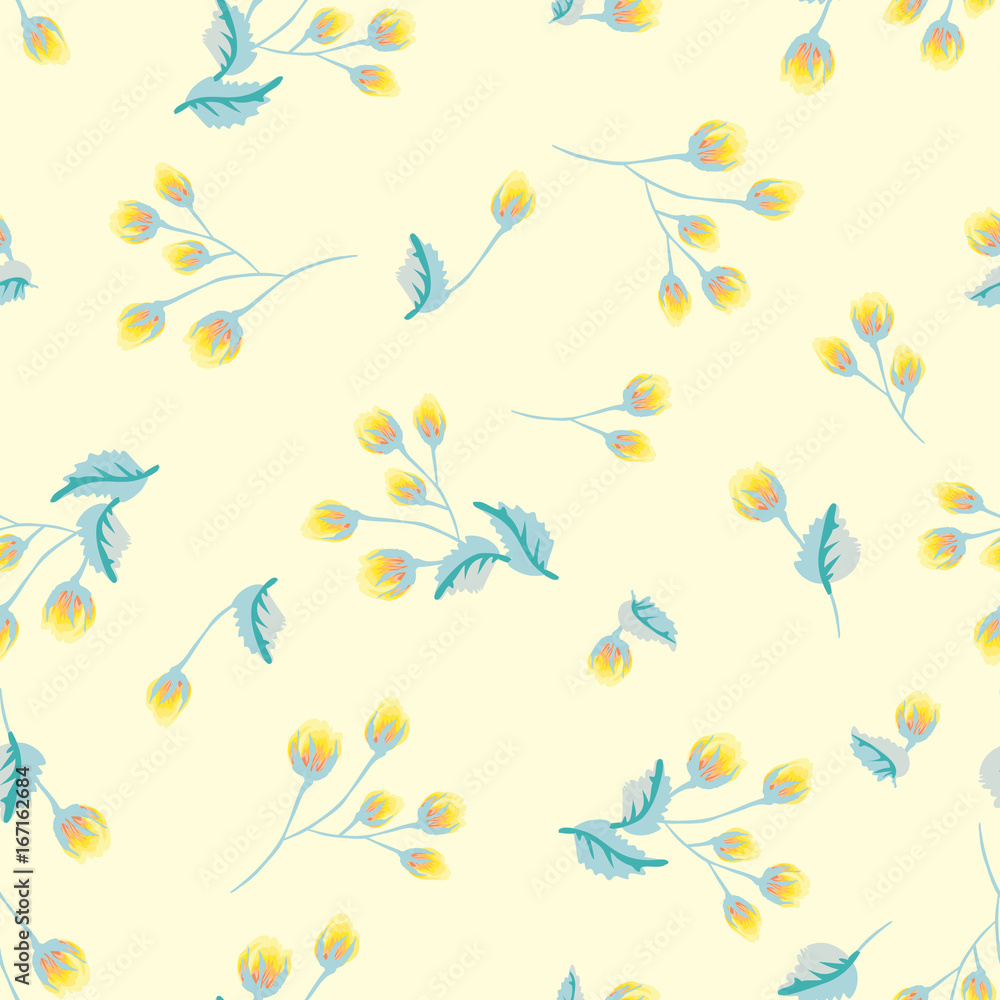 Seamless pattern in small cute flowers of antique roses and branches. Chabby chic millefleurs. Floral background for textile, wallpaper, pattern fills, covers, surface, print, gift wrap, scrapbooking,