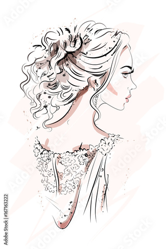 Beautiful young girl. Hand drawn portrait. Sketch. Fashion woman. Vector illustration.