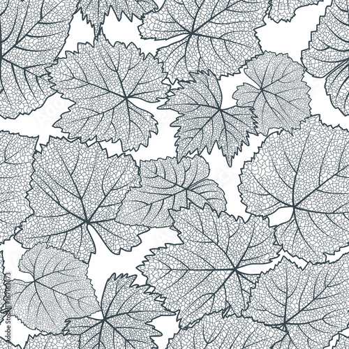 Vector seamless pattern with hand drawn grape textured leaves. Black and white autumn nature background. Design for wine list, winery, label, package, wrapping paper or textile print.