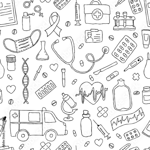 seamless pattern hand drawn doodle medicine. Hand drawn