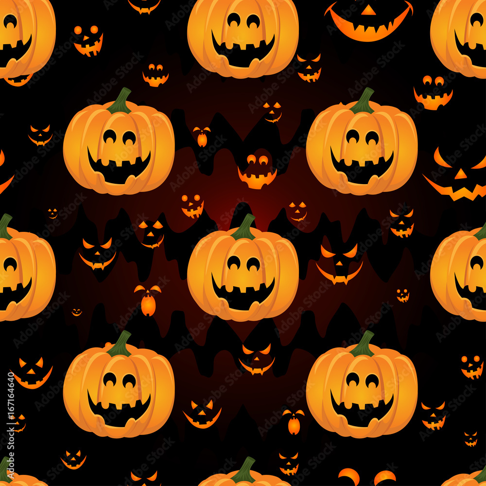 Abstract seamless pattern for girls,boys, kids, halloween, clothes. Creative vector background with pumpkin, scary face. Funny wallpaper for textile and fabric. Fashion style. Colorful bright.