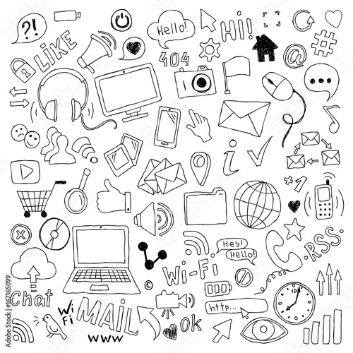 big set of hand drawn doodle cartoon objects and symbols on the Social Media theme.