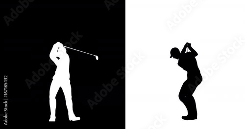Golfer Swing Silhouette Profile and Front View. profile and side view silhouette of a golfer taking a swing with a driver club
