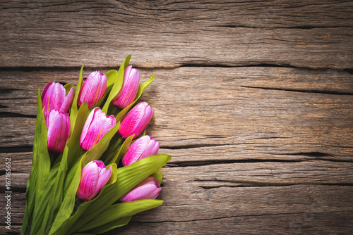 Beautiful Pink Tulip Flowers on Vintage Wooden Background with Copy Space for Message