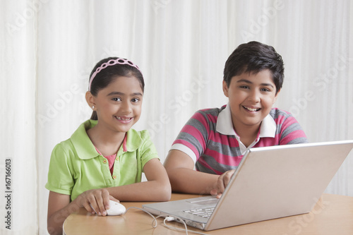 Portrait of brother and sister using laptop