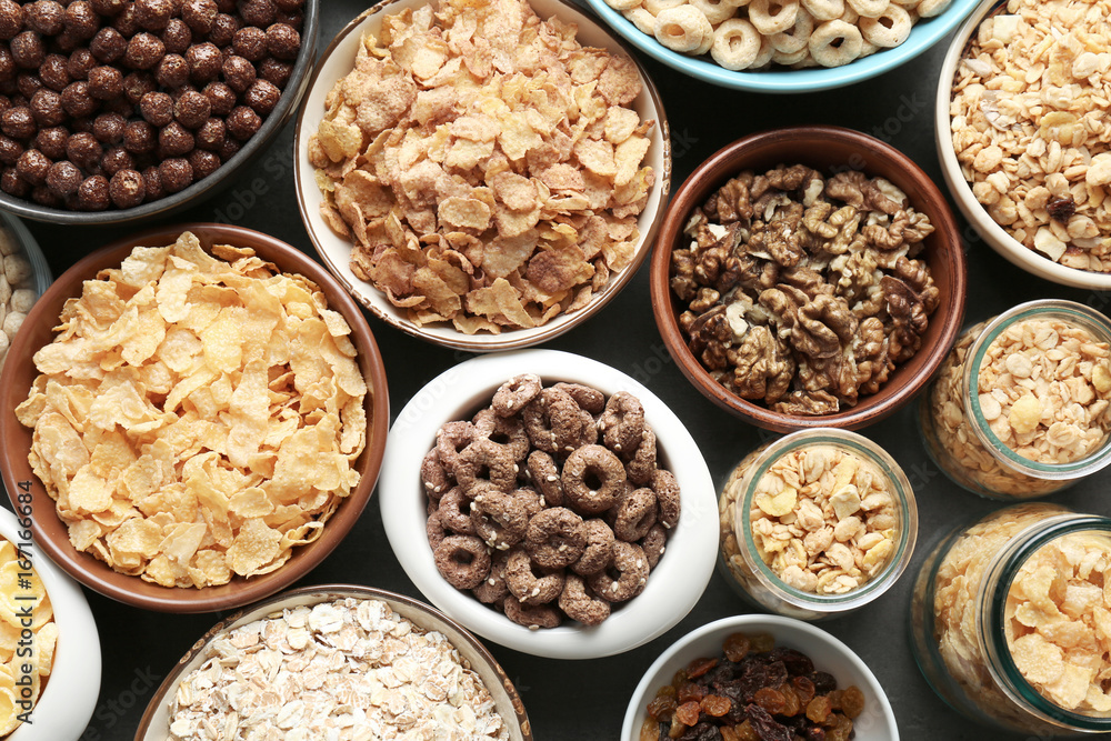 Different healthy breakfast cereals on table Different healthy breakfast cereals on table