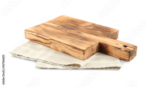 Quadro su tela Wooden board with napkin on white background
