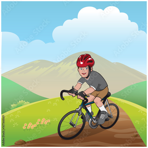 Cartoon vector illustration of a boy riding a mountain bike