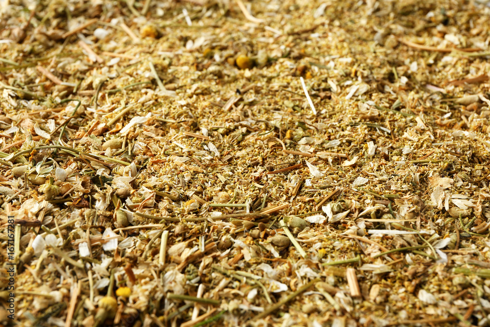 Dried and milled chamomile flowers, closeup Dried and milled chamomile flowers, closeup
