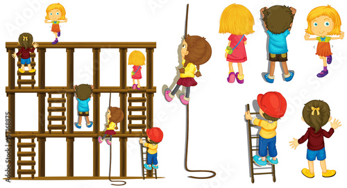 Children climbing up ladder and rope