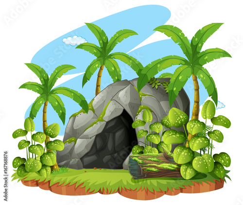 Background scene with cave in forest