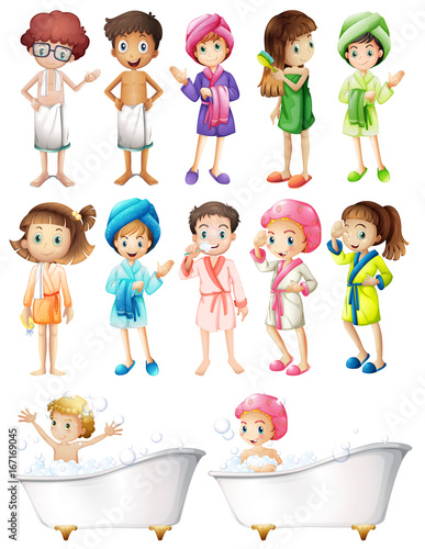 Happy children in bathrobe