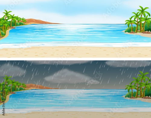 Two scenes of ocean on sunny and rainy days