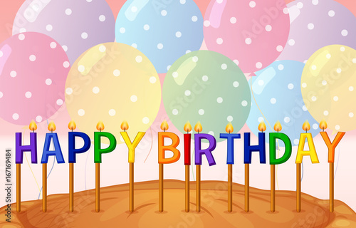 Happy Birthday card template with balloons and candles