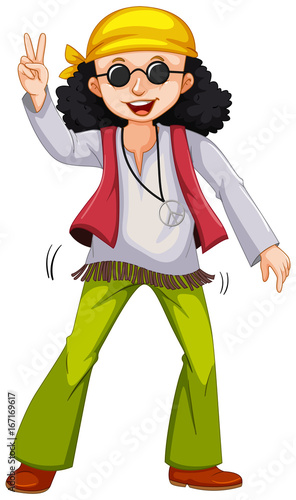 Man in hippie clothes doing the peace gesture