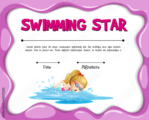 Swimming star certificate template with girl swimming