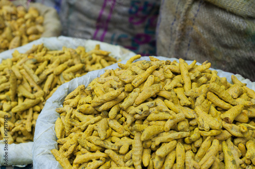 Sacks of turmeric root for sale at the market