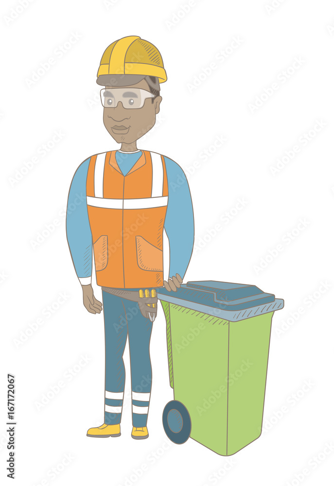 African-american builder in hard hat standing near waste bin. Full length of young builder pushing waste bin. Vector sketch cartoon illustration isolated on white background. African-american builder in hard hat standing near waste bin. Full length of young builder pushing waste bin. Vector sketch cartoon illustration isolated on white background.