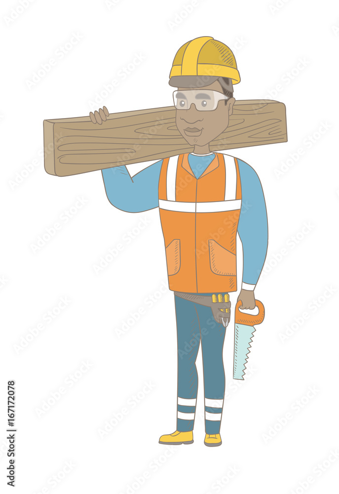 African-american carpenter holding saw and wooden board. Full length of young carpenter with hand saw and wooden board. Vector sketch cartoon illustration isolated on white background.
