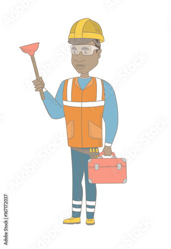 African-american plumber with toilet plunger and tool box. Full length of young plumber in hard hat holding plunger and tool box. Vector sketch cartoon illustration isolated on white background.