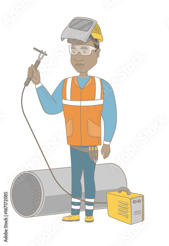 African-american welder in hard hat and protective mask. Full length of young welder working on a gas welding machine. Vector sketch cartoon illustration isolated on white background.