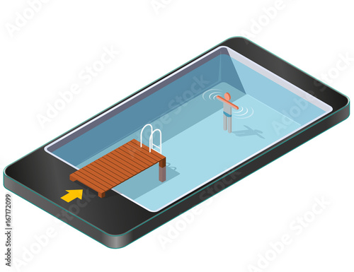Isometric swimming pool with wooden pier in mobile phone. Sports in communication technologies, paraphrase. Pool with brown wharf, ladder steps on white background. Isolated vector illustration.