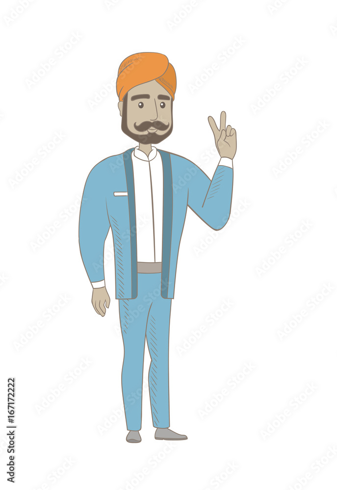 Hindu businessman showing victory gesture. Businessman showing victory sign with two fingers. Businessman with victory gesture. Vector sketch cartoon illustration isolated on white background.