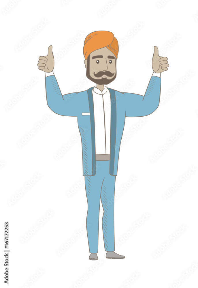 Successful hindu businessman standing with raised arms up. Successful businessman giving thumbs up. Businessman celebrating success. Vector sketch cartoon illustration isolated on white background. Successful hindu businessman standing with raised arms up. Successful businessman giving thumbs up. Businessman celebrating success. Vector sketch cartoon illustration isolated on white background.