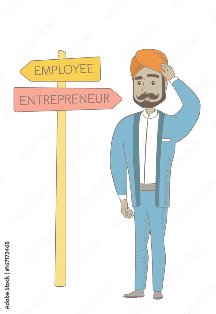 Young hindu man standing at road sign with two career pathways - entrepreneur and employee. Man making a decision of his career way. Vector sketch cartoon illustration isolated on white background. Young hindu man standing at road sign with two career pathways - entrepreneur and employee. Man making a decision of his career way. Vector sketch cartoon illustration isolated on white background.