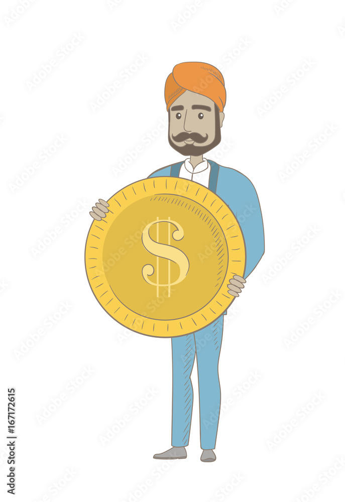 Hindu successful businessman with dollar golden coin in hands. Successful businessman holding golden coin. Business success concept. Vector sketch cartoon illustration isolated on white background. Hindu successful businessman with dollar golden coin in hands. Successful businessman holding golden coin. Business success concept. Vector sketch cartoon illustration isolated on white background.