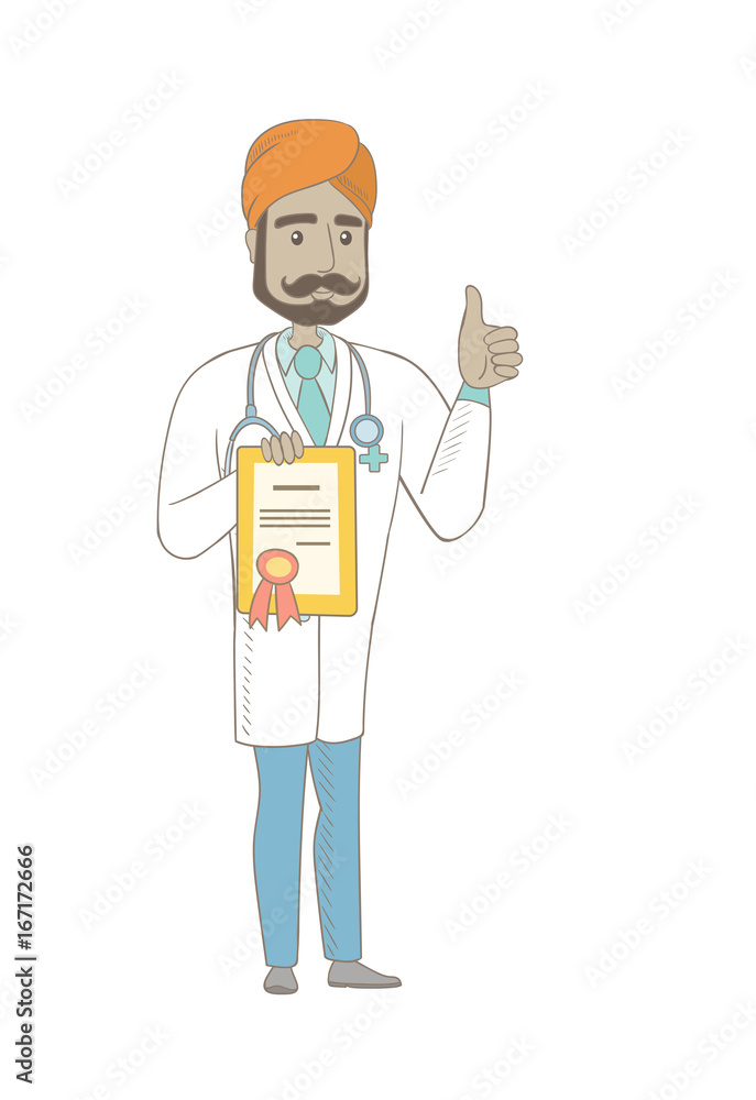 Indian doctor holding a certificate and giving thumb up. Young doctor in medical gown showing a certificate and thumb up. Vector sketch cartoon illustration isolated on white background. Indian doctor holding a certificate and giving thumb up. Young doctor in medical gown showing a certificate and thumb up. Vector sketch cartoon illustration isolated on white background.