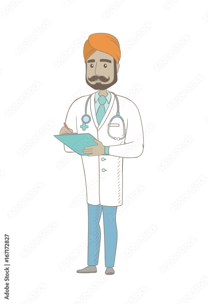 Indian doctor writing notes in a notepad. Young doctor writing results of medical examination. Doctor writing medical prescription. Vector sketch cartoon illustration isolated on white background. Indian doctor writing notes in a notepad. Young doctor writing results of medical examination. Doctor writing medical prescription. Vector sketch cartoon illustration isolated on white background.